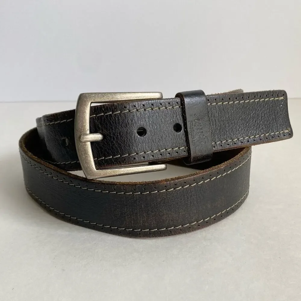 Original Penguin Dark Brown Leather Belt Silver‎ Buckle Distressed Mens 36